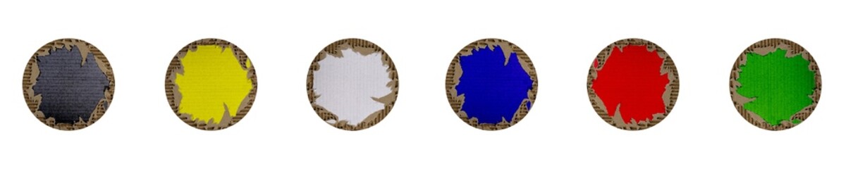 Set of various round pieces of cardboard with copy space, colored inserts, textured background,...