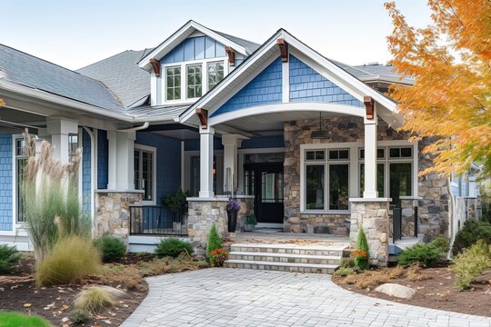 Avant-Garde Aesthetic Meets Upscale New Development Home with Light Blue Siding, Single Car Garage, and Natural Stone Porch, generative AI