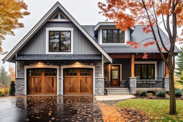 Upscale New Development Home with Avant-Garde Aesthetic and Single Car Garage: A Stunning Blend of Light Gray Siding and Natural Stone Porch, generative AI