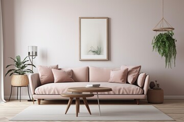 a contemporary living area with an empty wall mockup, a soft pink sofa, a wooden table, and a plant,. Generative AI