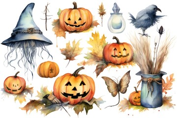 Watercolor Halloween clip art on white background Generative AI