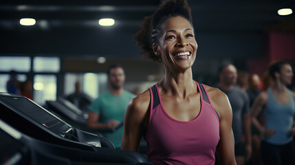 Fototapeta premium middle aged woman doing a spinning class at a gym. aged woman working out exercising on a treadmill in a gym. mood fun.