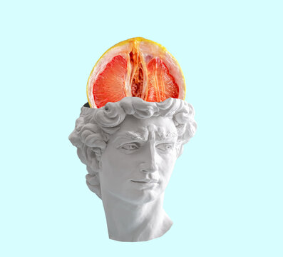 Creative collage of David's head with grapefruit on a blue background. Sex concept.