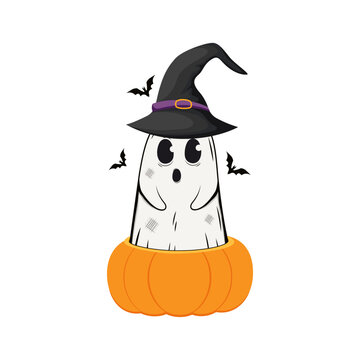 Cartoon spooky ghost character with pumpkin. Hallowwen spooky creatures.Vector illustration