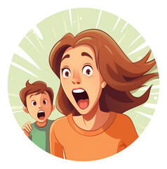 Cartoon mom with her adorable young son shocked illustration.
