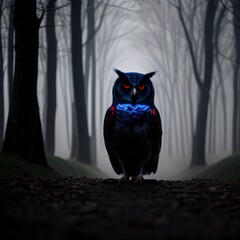 Halloween scary dark background with magic red and blue lights evil eyes, owls and bats silhouettes in mystic fog