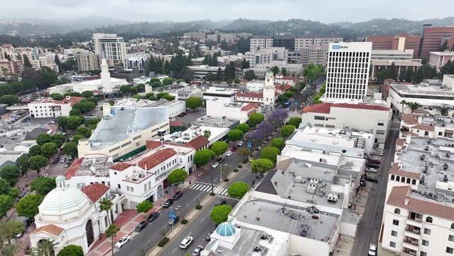 Downtown Westwood Village, California aerial flyover with the Jacaranda trees in bloom