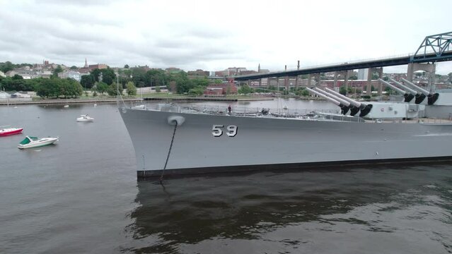 Aerial ascending video of USS Massachusettes from front numbers in Fall River MA.
