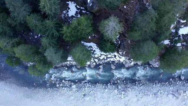 Overhead View Of A River In Sangla Valley, Kinnaur, Himachal Pradesh, India. Aerial Drone Shot 