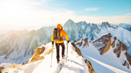 Climber mountaineer man reaching snowy mountain top success in sunny day. Travel sport lifestyle concept.
