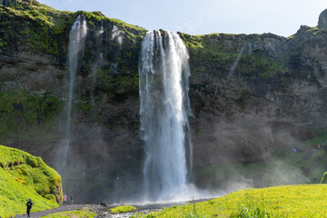 Seljalandsfoss, Iceland - 06.22.2023: Seljalandsfoss waterfall in Iceland in summer