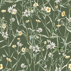 Watercolor floral seamless pattern in vintage rustic style, colored garden, hand painting print with meadow flowers, leaves and plants, design texture. Buttercup, stellaria holostea.