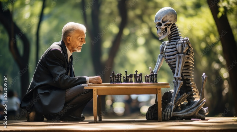 Poster a man and a skeleton playing chess in a park. generative ai image.