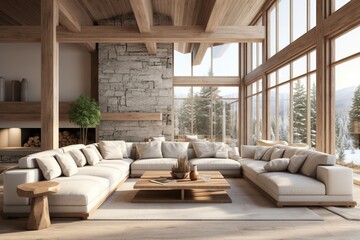 living room interior with posters on the wall. Grey settee near white cupboard in scandia living room