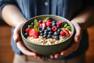 hands holding a bowl of oatmeal and berries.ai generative - obrazy, fototapety, plakaty