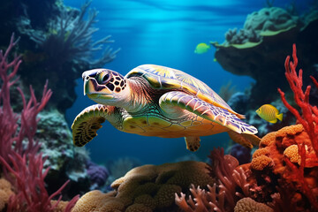 Fototapeta na wymiar Generative AI a turtle swimming in the ocean in the reef
