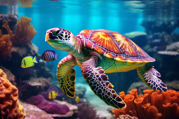 Obraz premium Generative AI a turtle swimming in the ocean in the reef