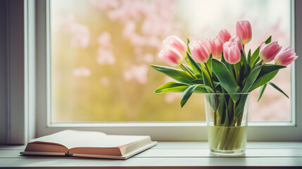Pink tulips in a vase stand on the windowsill next to the book.ai generative