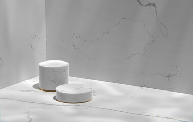 Gray tone marble wall and podium in a sunny room. 3d Render.