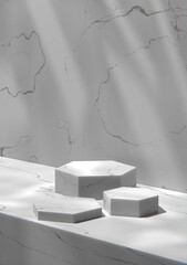 Gray tone marble wall and podium in a sunny room. 3d Render.
