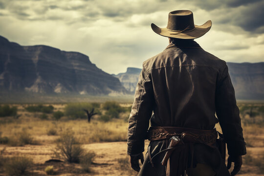 Cowboy getting ready for a shootout in the Wild West, back view. ai generative