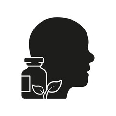 Eco Pharmaceutical Pill with Healthy Person Silhouette Icon. Natural Vitamin Glyph Pictogram. Herbal Medicine and Human Head Solid Symbol. Organic Nature Pharmacy Sign. Isolated Vector Illustration