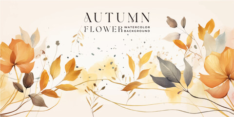 Fototapeta na wymiar Autumn background vector. Hand painted watercolor and gold brush texture, Flower and botanical leaves hand drawing. Abstract art design for wallpaper, wall arts, cover , wedding and invite card.
