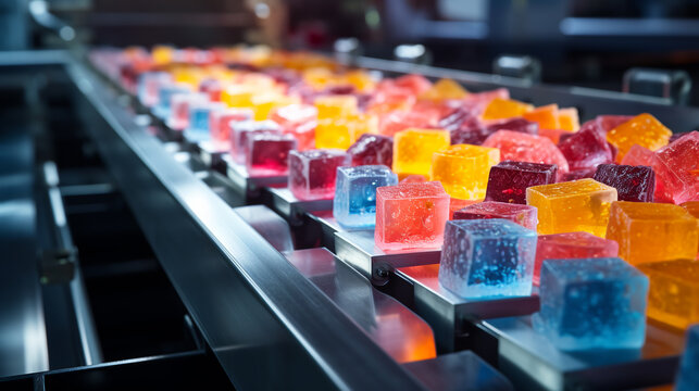 tape sweets, candied fruits, in the food industry, products ready for automatic packaging. Concept with automated food production.ai generative