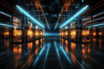 Fototapeta premium Server room, multiple server rack hall in a darkly lit office, Data center with multiple rows, Server racks in computer network security server room, AI Generative