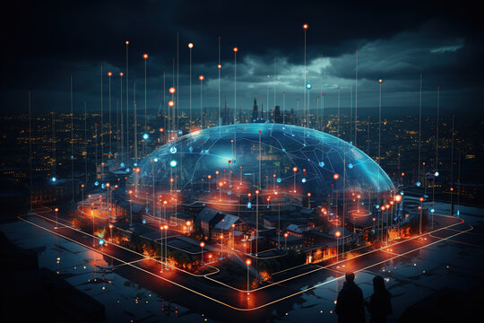 Global network and connection technology concept with city background, world network with nodes connected around earth, concept about internet and worldwide communication technology, AI Generative.