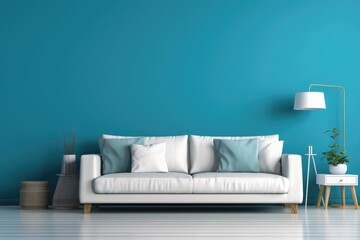 living room interior with posters on the wall. Grey settee near white cupboard in scandia living room