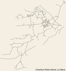 Detailed hand-drawn navigational urban street roads map of the CHAUFOUR-NOTRE-DAME COMMUNE of the French city of LE MANS, France with vivid road lines and name tag on solid background