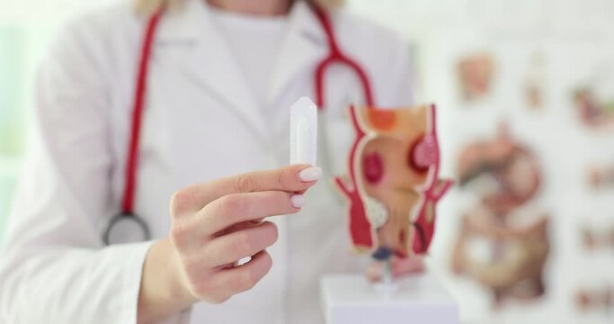 Proctologist doctor holds rectal suppository and artificial model of human rectum. Vascular structures in lower rectum and concept of acute pain treatment