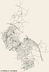 Detailed hand-drawn navigational urban street roads map of the LE MANS-4 CANTON of the French city of LE MANS, France with vivid road lines and name tag on solid background