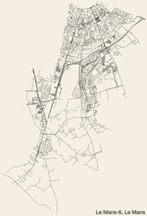 Detailed hand-drawn navigational urban street roads map of the LE MANS-6 CANTON of the French city of LE MANS, France with vivid road lines and name tag on solid background