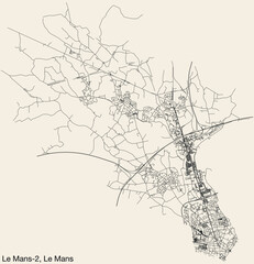 Detailed hand-drawn navigational urban street roads map of the LE MANS-2 CANTON of the French city of LE MANS, France with vivid road lines and name tag on solid background