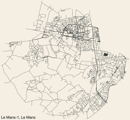 Fototapeta na wymiar Detailed hand-drawn navigational urban street roads map of the LE MANS-1 CANTON of the French city of LE MANS, France with vivid road lines and name tag on solid background