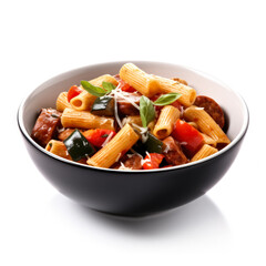 Rigatoni with Sausage and Peppers in black bowl isolated on white background side view