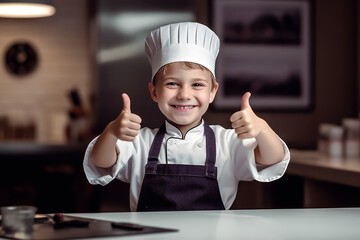 cute little chef baker in an apron and hat chef gesturing thumbs up. generative AI