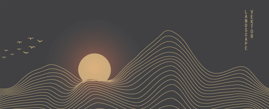 Vector Abstract Art Landscape Mountain With Birds And Sunrise Sunset By Golden Line Art Texture Isolated On Dark Grey Black Background. Minimal Luxury Style For Wallpaper, Wall Art Decoration.