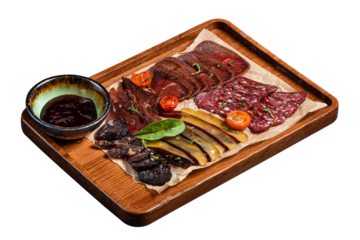 Appetizers with differents antipasti, charcuterie, meat snacks isolated on white background with clipping path. Full Depth of field. Focus stacking. PNG
