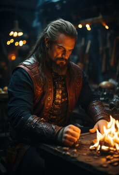 A man with long hair sitting at a table in front of a fire. Generative AI image.