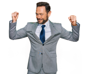 Middle age man wearing business clothes showing arms muscles smiling proud. fitness concept.
