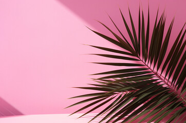 The shadow of a palm tree on a pink background. Generative AI