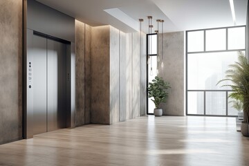 Two gray elevators are located in an empty office foyer. Concrete flooring and white walls. a mockup. Generative AI