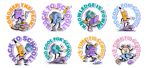 Back to school vector stickers set with walking funny cute comic characters. Lettering illustration for t-shirt print. Too cool for school, educational creativity supplies. Vector illustration.