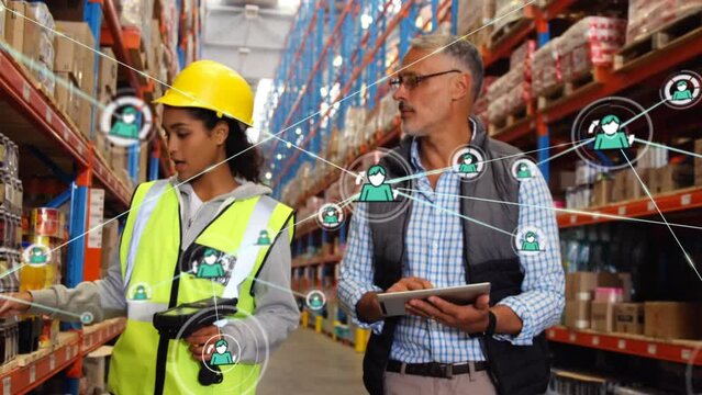 Animation of profile icons on diverse male supervisor and female worker checking stock at warehouse