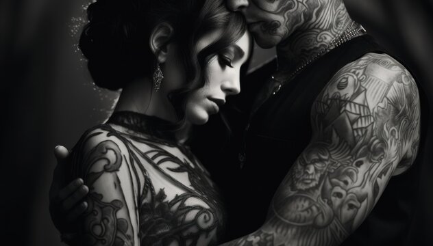 A man and a woman with tattoos on their arms. Generative AI image.