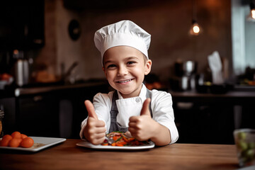 cute little chef baker in an apron and hat chef gesturing thumbs up. generative AI