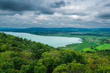 Fototapeta na wymiar View to Lake Balaton from Tihany peninsula, Watchtower-lookout. Tihany peninsula with small lake, Hungary